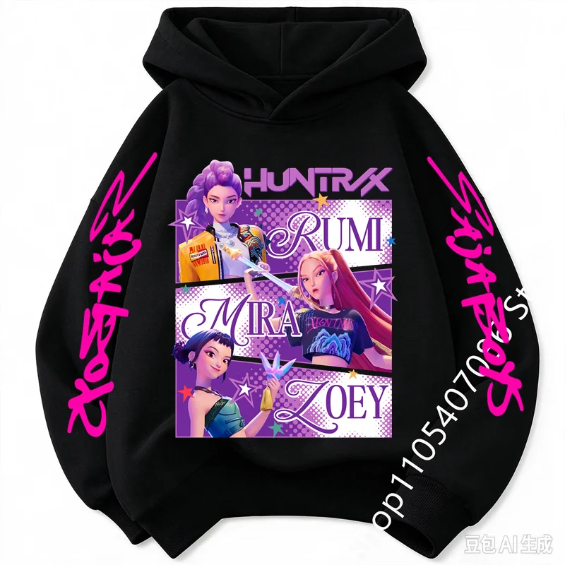 2026 Girls Cartoon Hoodie for Boys and Girls Hunter Rumi Derpy Warm and Thick, Fashionable Casual Top, Printed Purple Sweatshirt