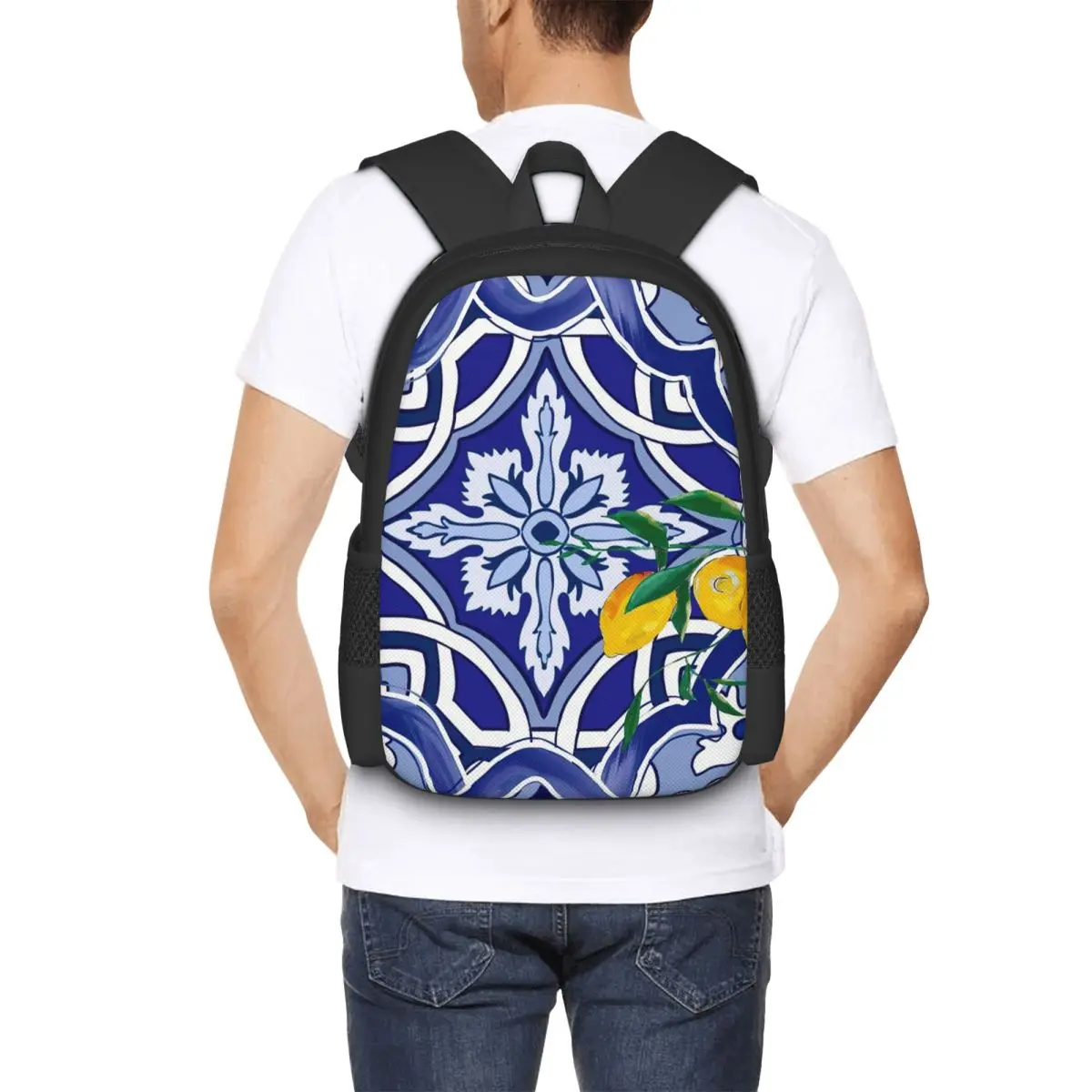 Sicilian Tiles,mediterranean,blue Tiles Backpack Hot Sale Daypack Large Capacity Kids BookBag School Bag Shoulder Bags Men Women