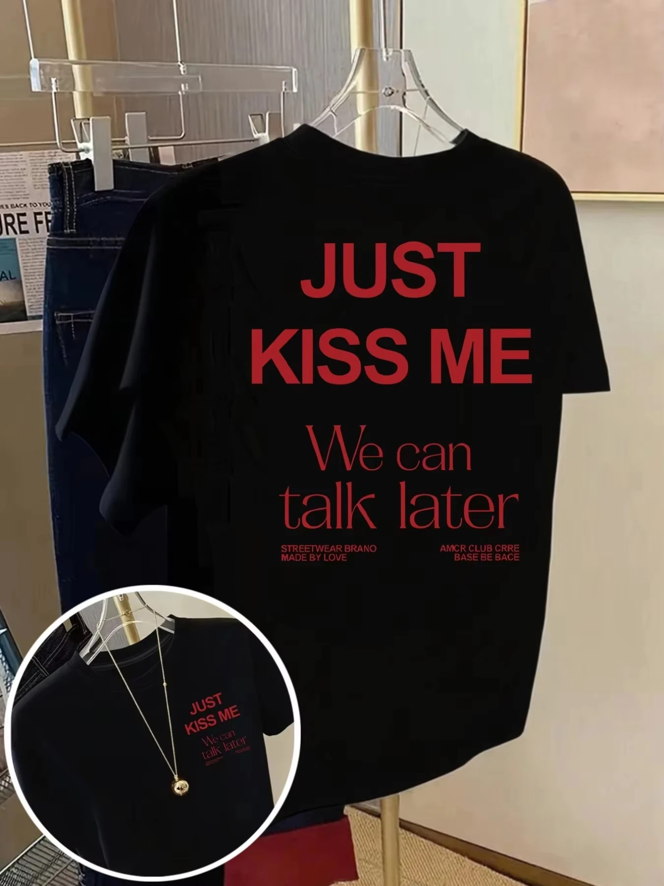 2026 New Y2K Family Matching Unisex Oversized T Shirt Just Kiss Me Text Double Sided Art Print White Streetwear Tops