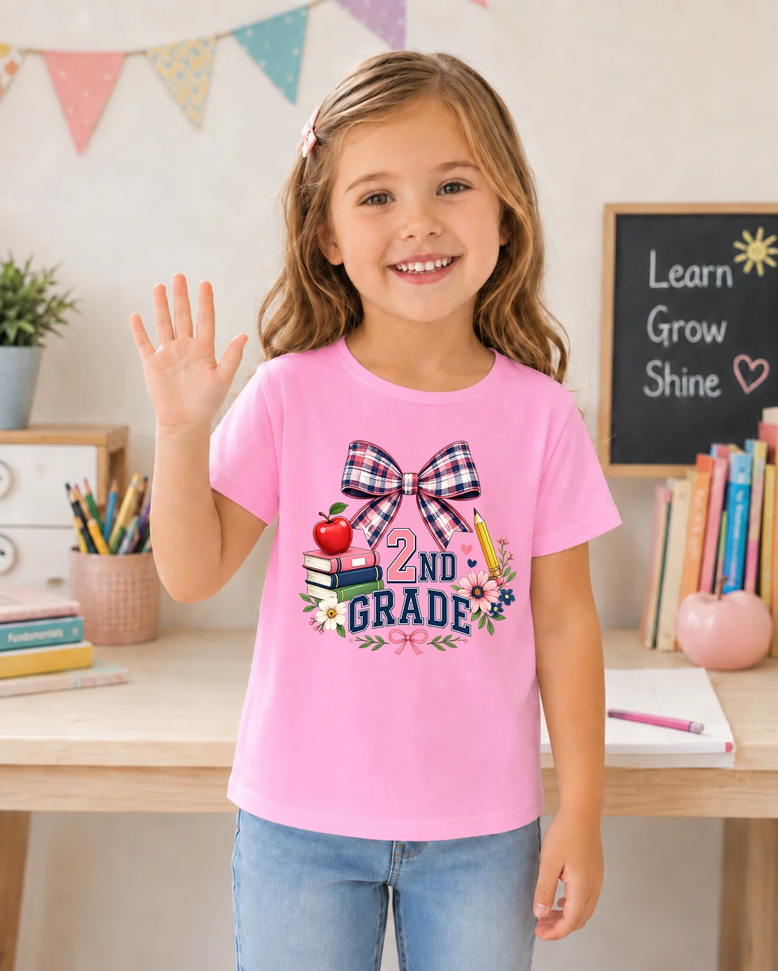 Girls 2nd Grade Bow Apple Graphic T-Shirt Back To School Short Sleeve Tee Kids First Day Of School Casual Tops Children School O