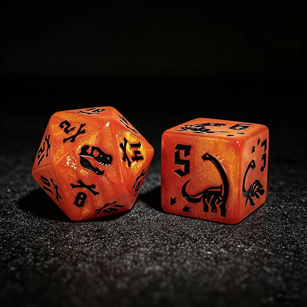 Jurassic Amber Orange Dinosaur Theme Dice Set, Orange Engraved DND Dice for Prehistoric TTRPG Games DND Dice for RPG Games