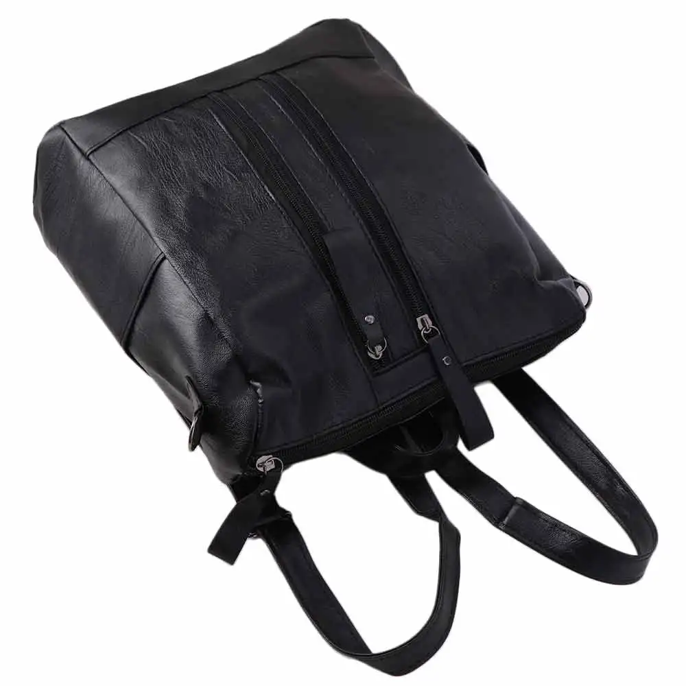 Black Leather Backpack Soft Leather Adjustable Straps Korean Style Backpack Quilted Design Solid Color