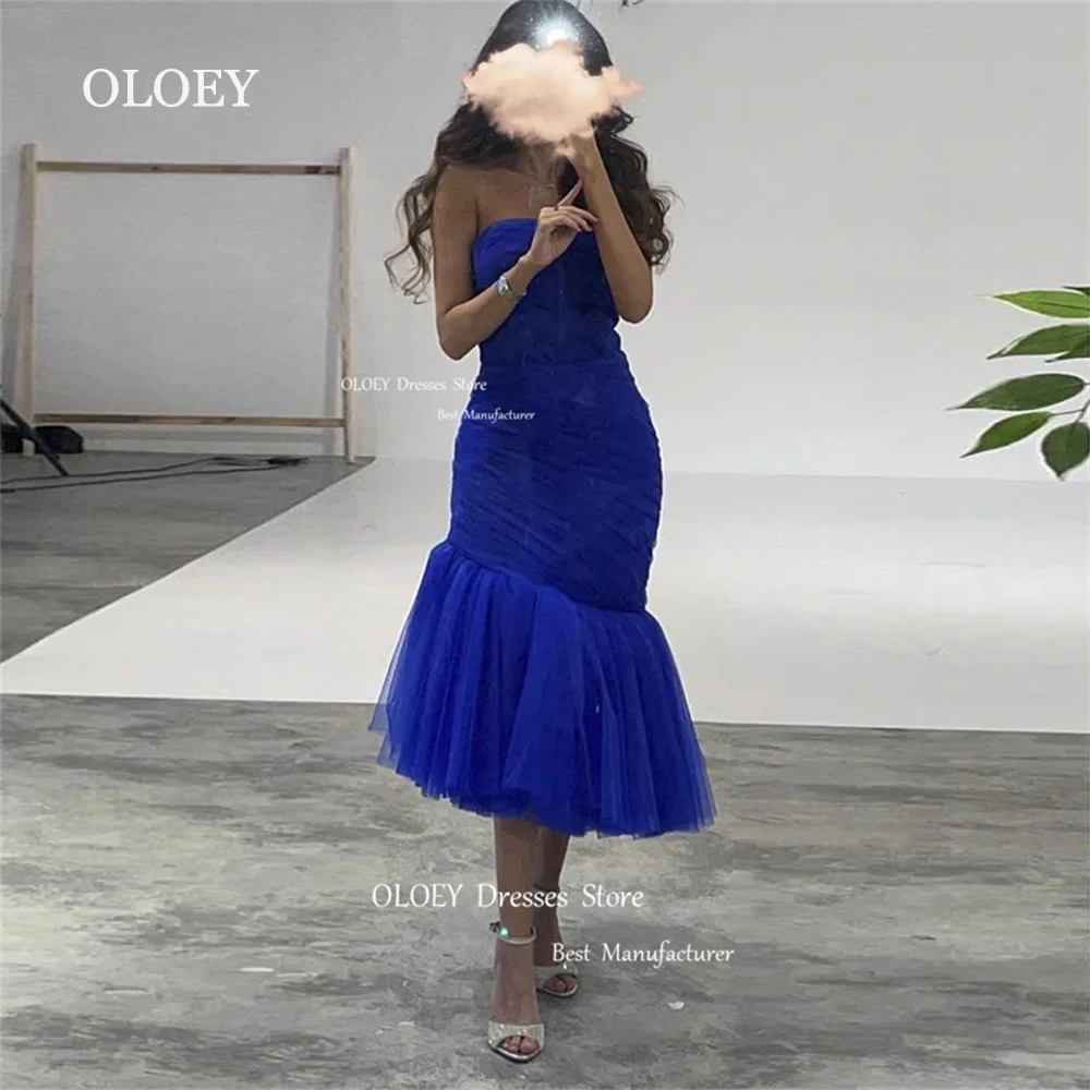 

OLOEY Elegant Custom Made Strapless Pleats Arabic Evening Dress For Women Wedding Party Knee Length Modest Zipper Formal Dress