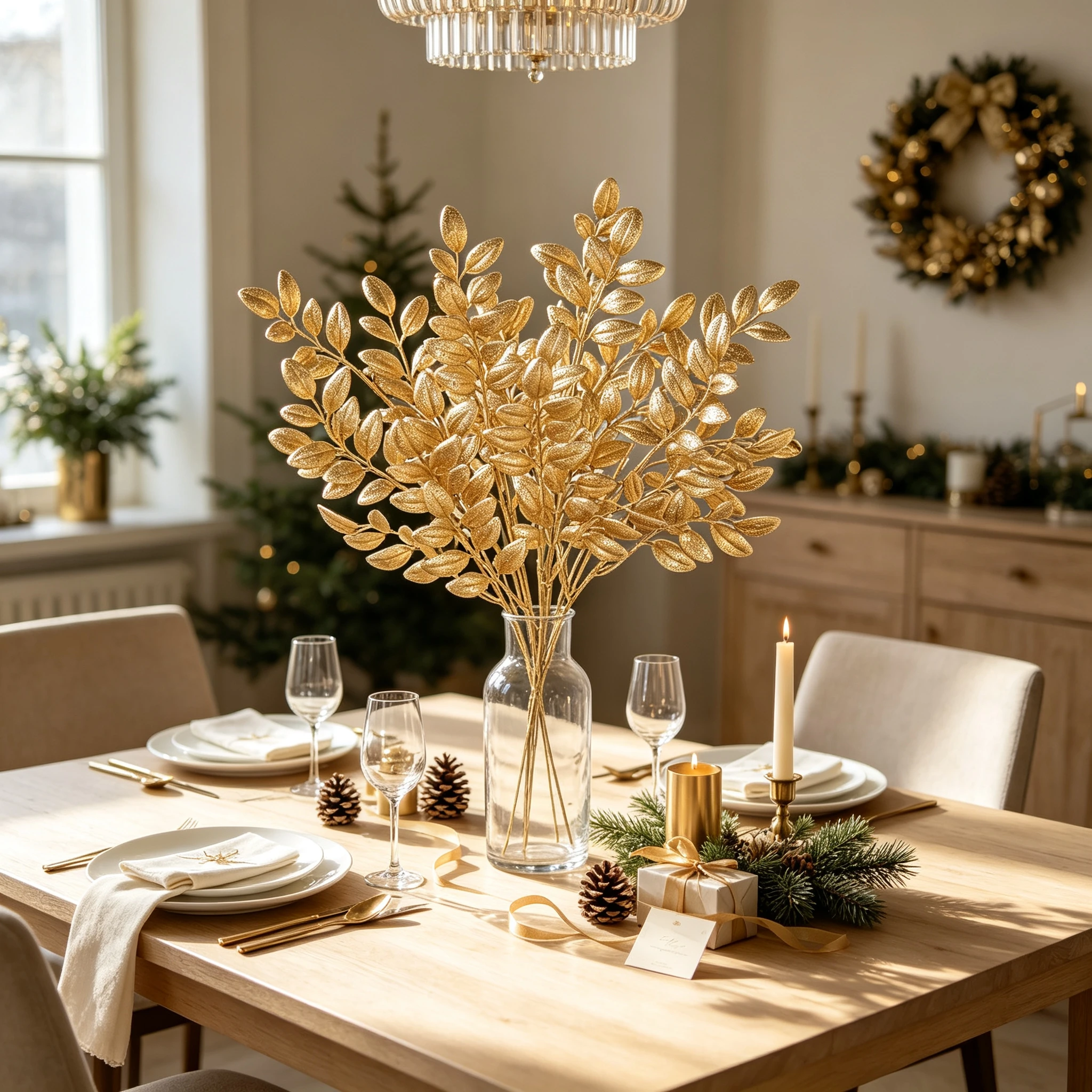 5/10Pcs Artificial Plants Plastic Golden Sprigs Christmas Tree Fillers Outdoor Wedding Home Table Scrapbook DIY Decoration Props