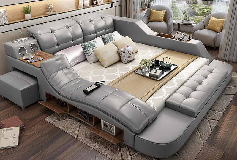 

Luxury King Size Bed with Smart Technology and Genuine Leather / Multifunctional Ultimate Beds / Massage Marriage Bed
