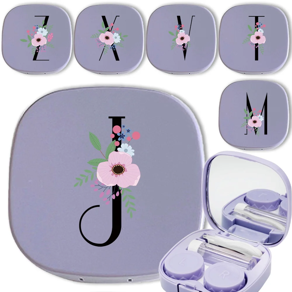 Color Contact Lens Case Portable Travel Contacts Box With Contact Lenses Tweezers Suction Stick Flower And Black Pattern