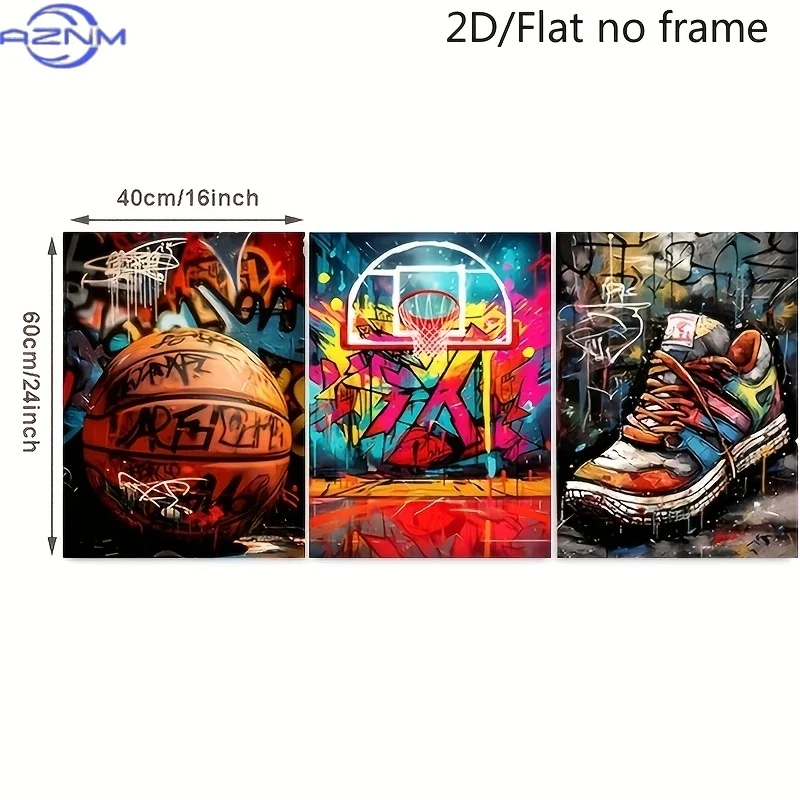 3pcs Basketball graffiti canvas wall art, basketball court sports shoes poster printing painting, retro abstract graffiti wall d