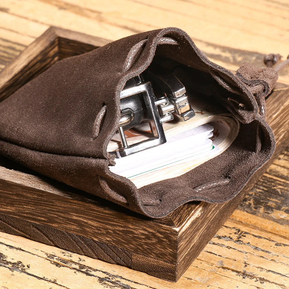 Vintage Full-Grain Leather Drawstring Coin Pouch - Multi-Functional Small Money Bag for Cash, Travel Essentials & Gift