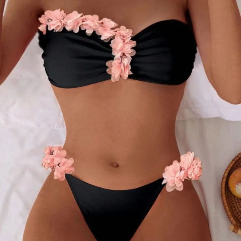 Sexy 3D Flower Bandeau Bikini Push Up Swimwear Women Bikinis Bandage 2 Piece Swimsuit Bathing Suit Biquini Maillot De Bain Femme