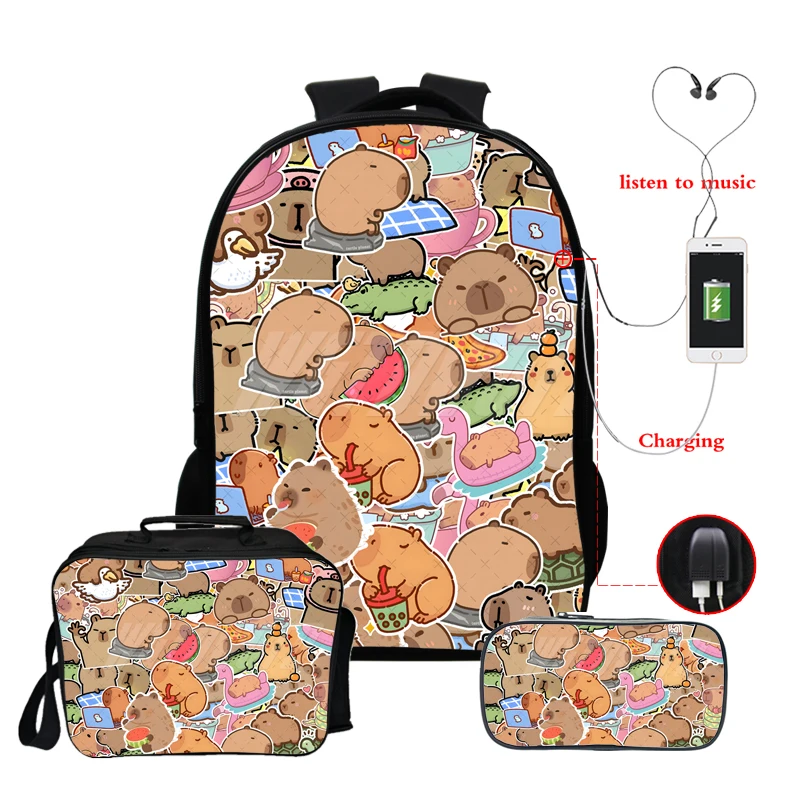 

USB Students Backpack Capybara 3D School Bags for Teenage Girls Boys Capybara Anime Cartoon Bookbag Laptop Bagpack