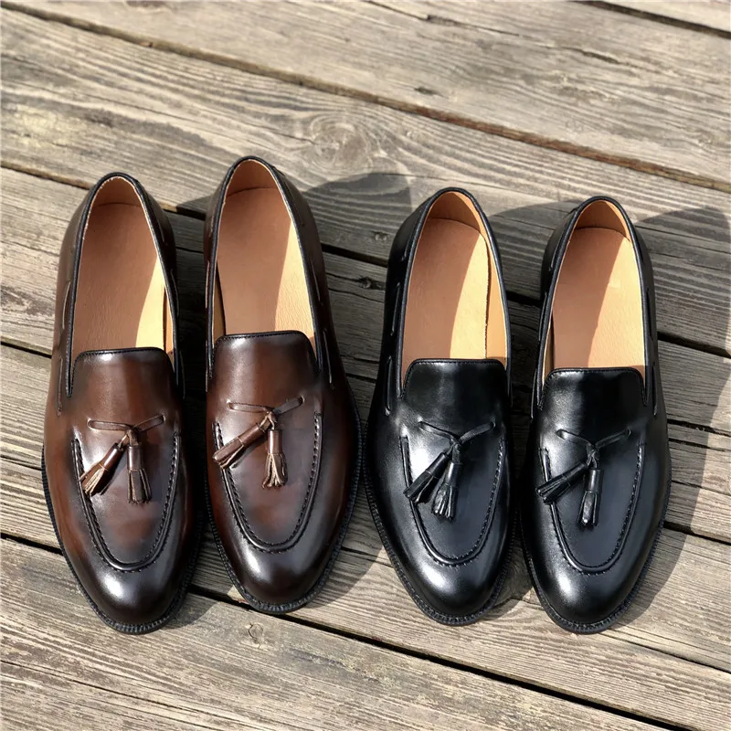 Black Tassle Genuine Leather Casual Shoes Men Handmade Comfortable Flat Shoes Daily Commuting Office Street Mens Spring Loafers