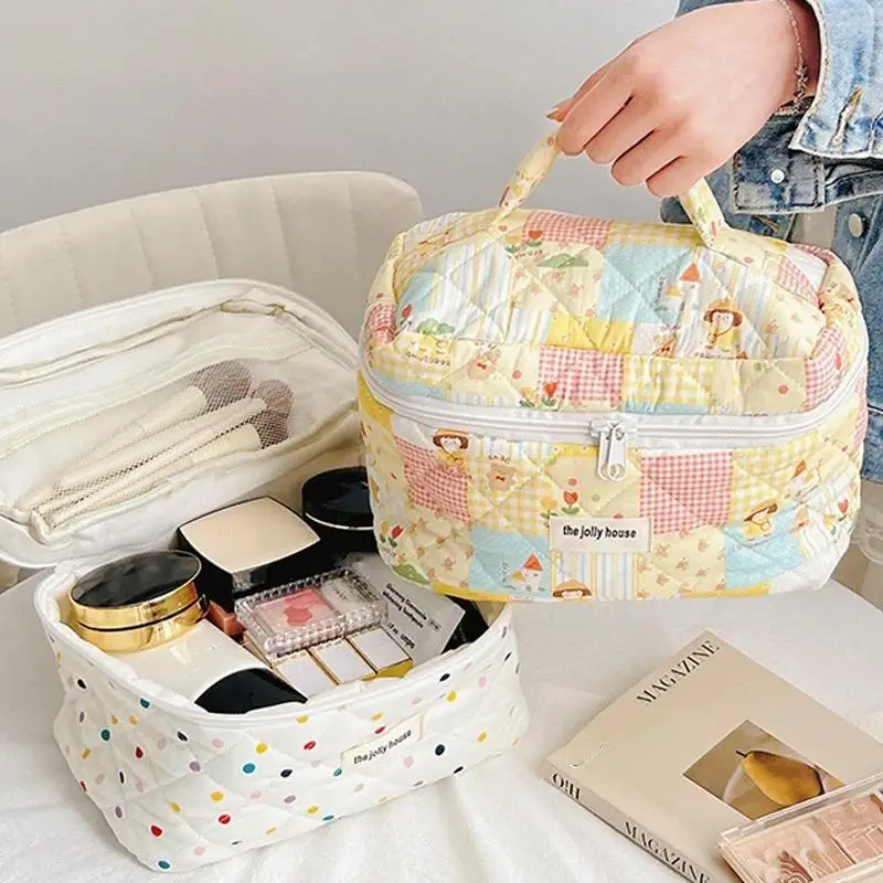 Fashion Colorful Dots Large Capacity Cosmetic Quilted Bag Portable Tote Travel Make Up Storage Bags Women Cotton Handbags Gift