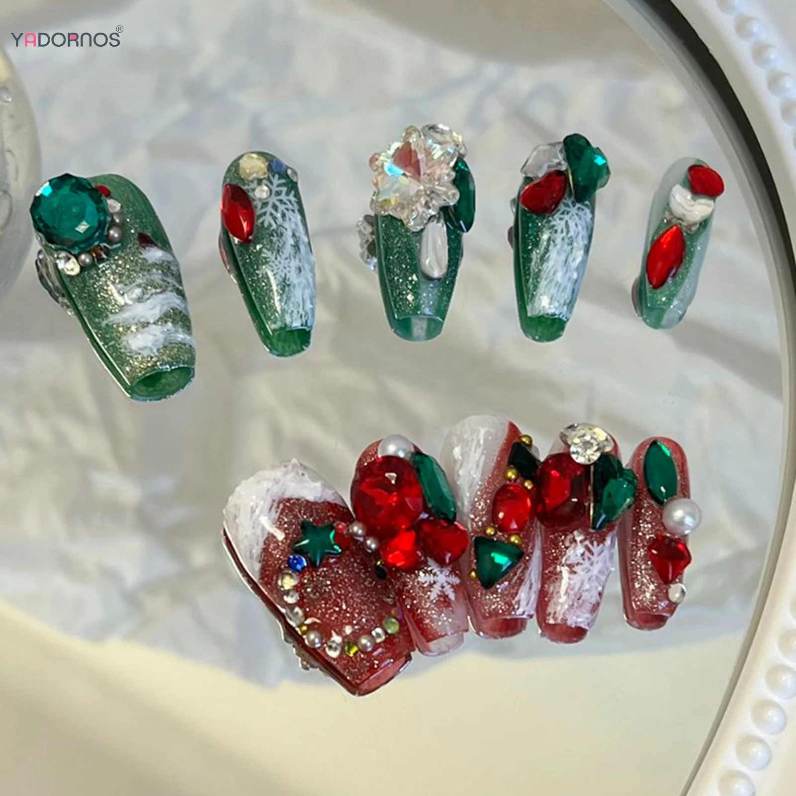 Handmade Press On Nails com Floco de Neve, Verde, Vermelho, 3D, Brilhante, Diamond Designs, Wearable, Manicure, DIY, Natal, 10Pcs