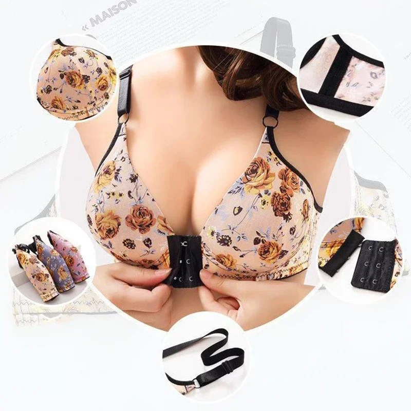 Soutiens-gorge push-up sexy pour femmes, fermeture à l'avant, imprimé floral, brassière sans fil, poitrine sans couture, sous-vêtements grande taille