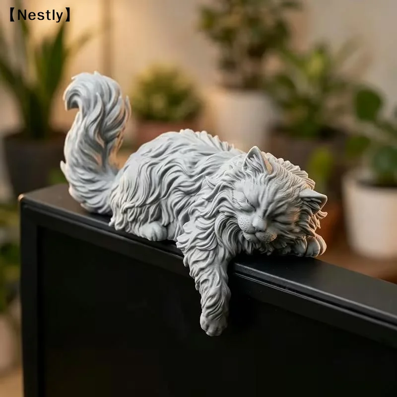 Long Hair Sleeping Cat Figurine 3D Printed Mini Pet Computer Monitor Hanging Decor Desk Ornament For Home Office Decor 〔Nest〕
