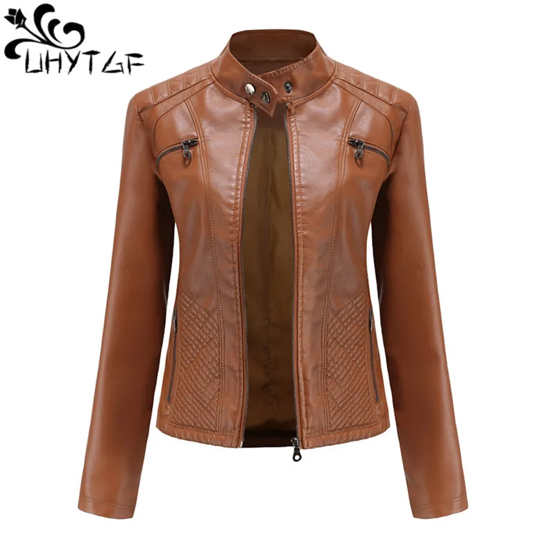 

UHYTGF Fake Leather Jacket Female 2023 News Spring Autumn Coats Woman High-End Pu Leather Jackets For Women Free Shipping 2749