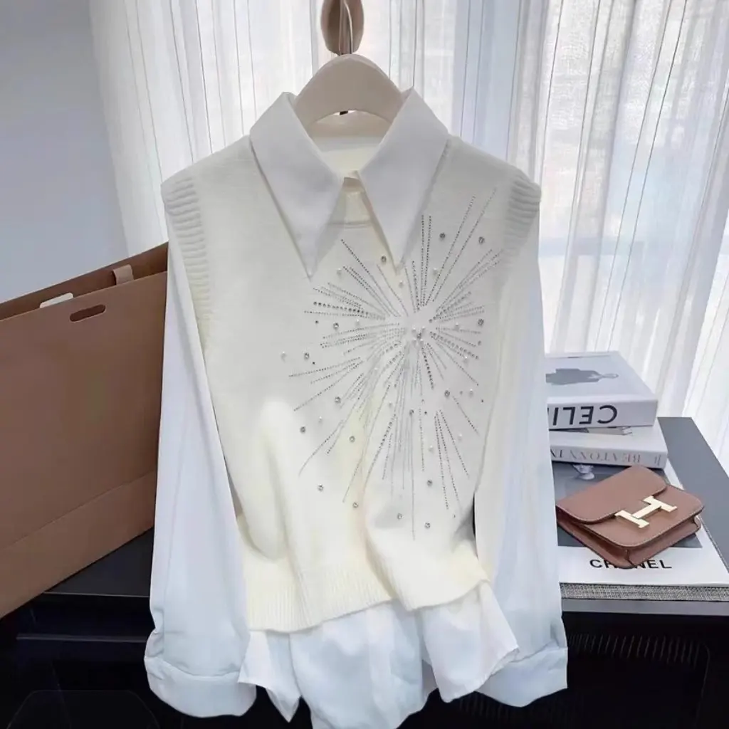 

Women's High-End Rhinestone Sleeveless Crew Neck Sweater Short Knitted Vest Simple Two-Piece Suit for Spring/Summer