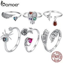 Bamoer Original 925 Sterling Silver Skeleton Hand Skull Opening Ring Sword Wing Ring For Women Halloween Party Gift Fine Jewelry
