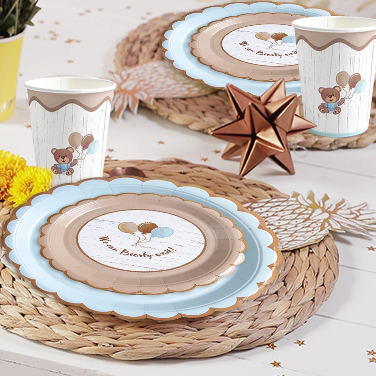 Cute Bear Disposable Tableware Sets Brown Blue Paper Plate Cup Napkin Baby Shower Kids Birthday Party Decoration Supplies