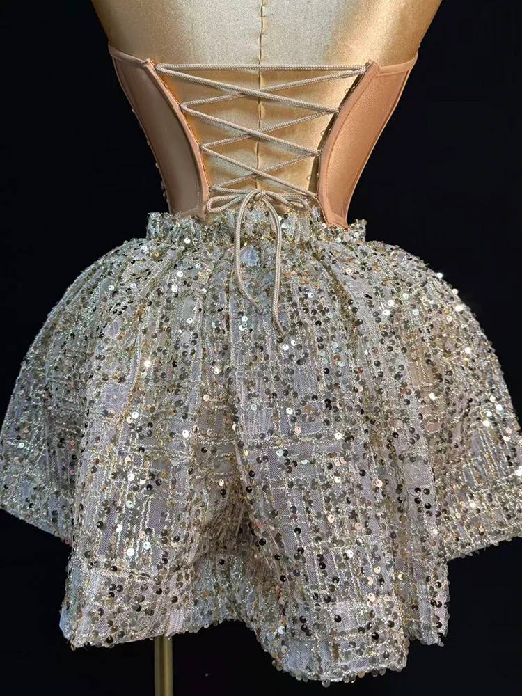 design Sequines crystal costume for women sliver Party Prom strapless mini skirt 2 pcs sets dance birthday nightclub performance