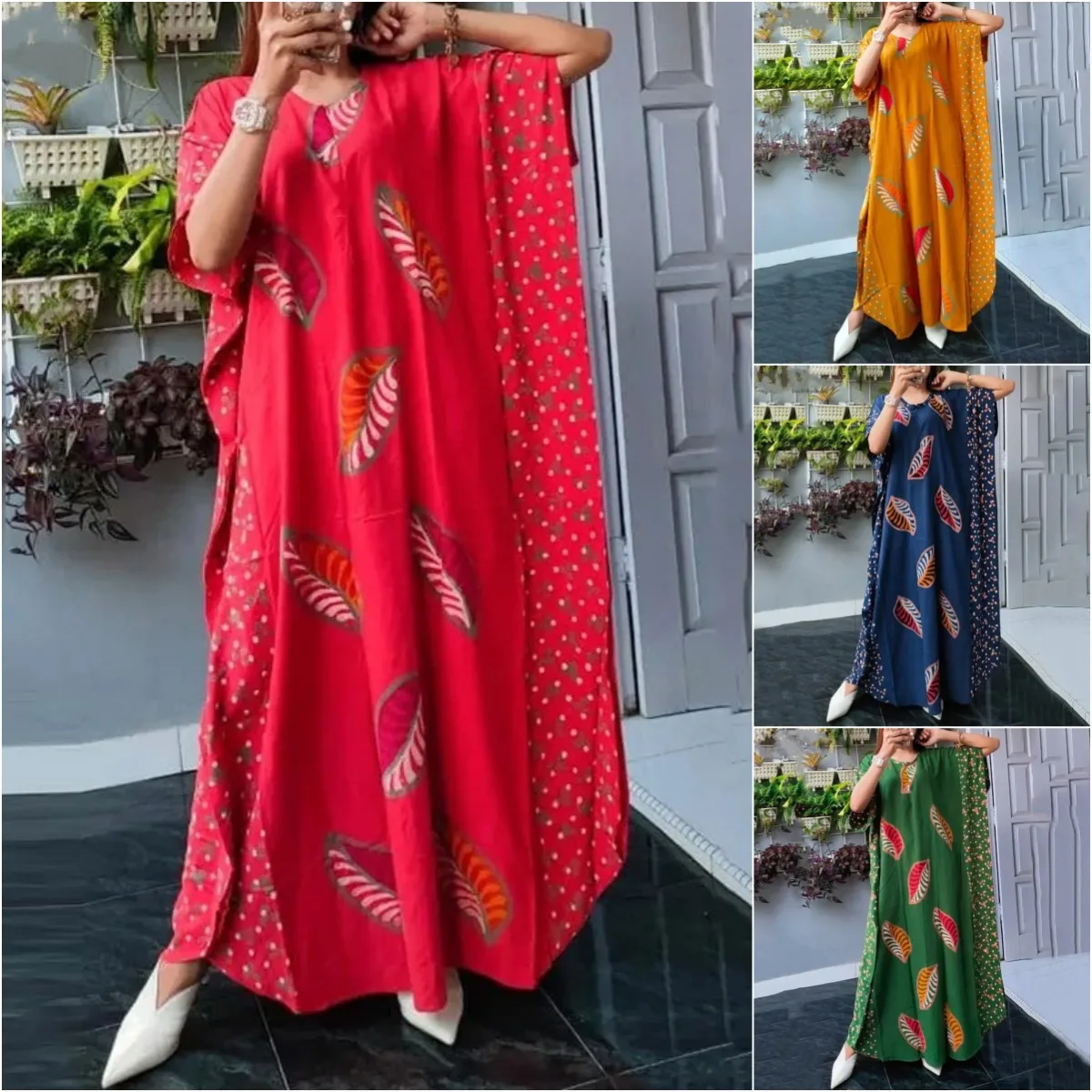 Kobiety Jesień Elegancka Okrągła Szyja Maxi Sukienka Casual Luźny Kwiatowy Nadruk Długi Rękaw Boho Wakacyjne Plażowe Sukienki Wieczorowe Jesienne Szaty