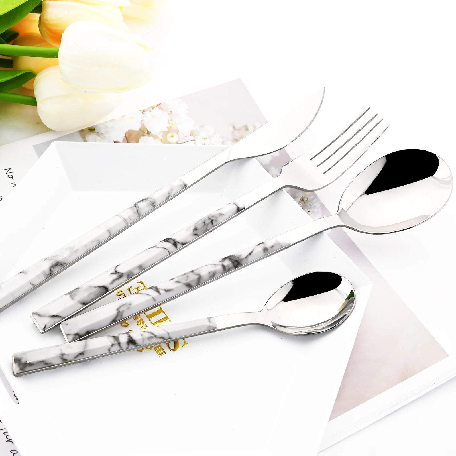 Drmfiy 24Pcs White Silver Flatware Set Knife Fork Spoon Dinnerware Set Stainless Steel Cutlery Set Marble Handle Tableware Set