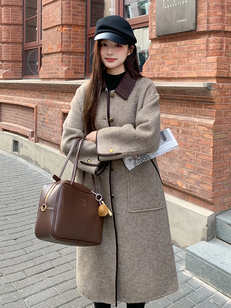 LANMREM Wool Double-sided Coat With Brown Collar Contrast Color Single Breasted Woolen Coats Office Lady Fashion New 2DB1432