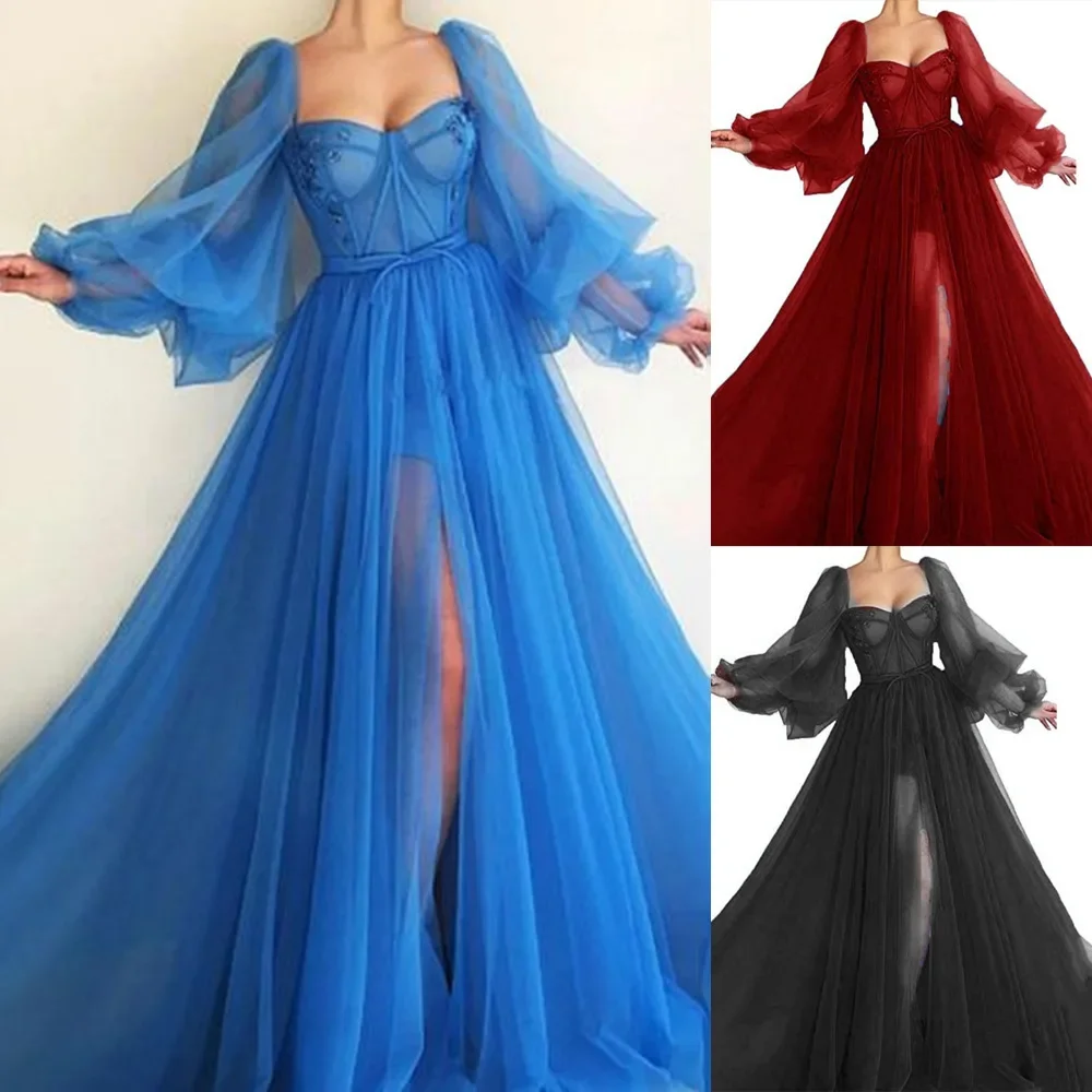 2024 spring summer new European and American women\'s one-line shoulder gauze long-sleeved dress wedding dress