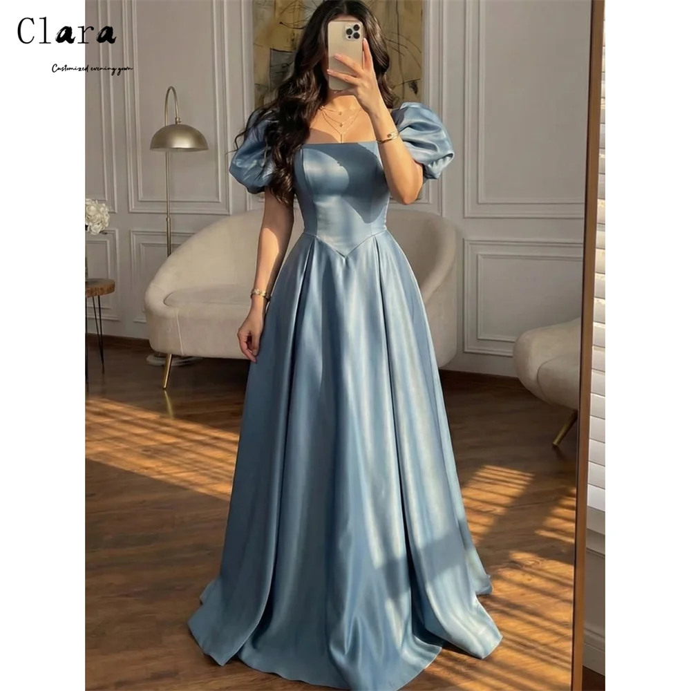 

Clara Custom Blue A Line Short Sleeves Square Collar Luxury Women's Elegant Party Dress Evening Gown Bespoke Occasion Dresses