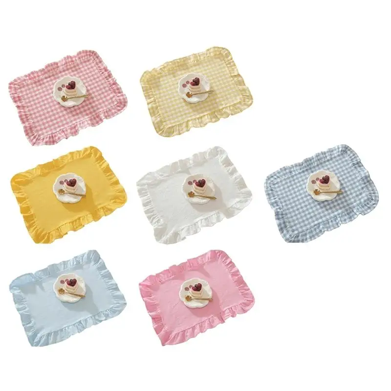 652F Washable Placemat Gingham Plaids Cloth Ruffle Table Mat for Formal Dining Event