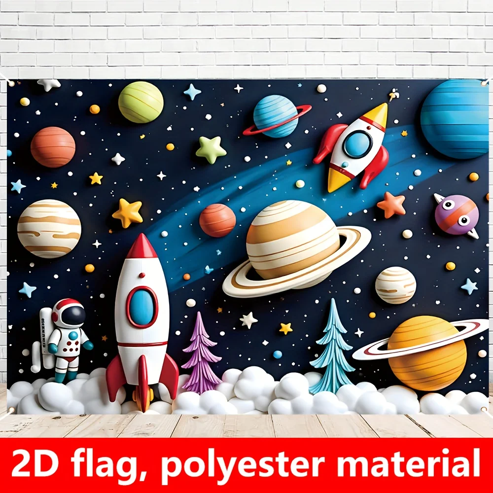 Space Rocket Tapestry - 3D Cartoon Solar System & Astronaut, Kids Room Wall Decor, Boys Nursery & Playroom, Multiple Sizes