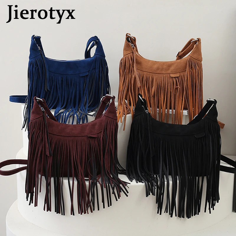 JIEROTYX Decor Fringe Trim Crossbody Purse Bag for Women Vintage Tassel Faux Suede Handbag Messenger Shoulder Bags