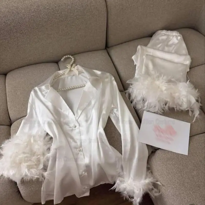 Bride Pajamas Bridal Party Pjs Satin Long Sleeve Pajamas Luxury Bridesmaid Gifts Women Wedding Feather Cuff 2 Piece Loungewear