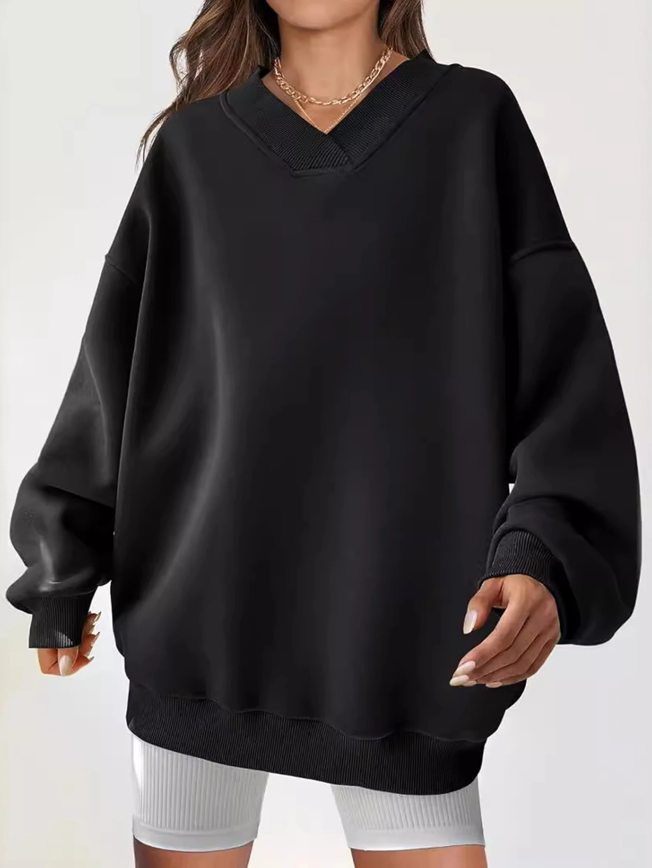 المرأة طويلة الأكمام الخامس الرقبة بلوزات الخريف الشتاء أزياء بسيطة عادي النمط الفرنسي لائق ارتداء اليومي #6