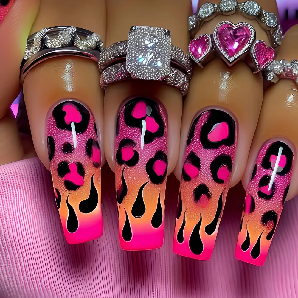 

24pcs Pink Leopard Print Press on Nails Sets Fashion Long Ballet False Nail Art Simple Coffin Fake Nails Tips Reusable Manicure