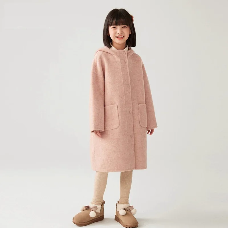 Children\'s Clothing 2023 Autumn winter New Camel Colored Double-sided Hooded Coat Children\'s Stylish Medium Length Woolen Coat