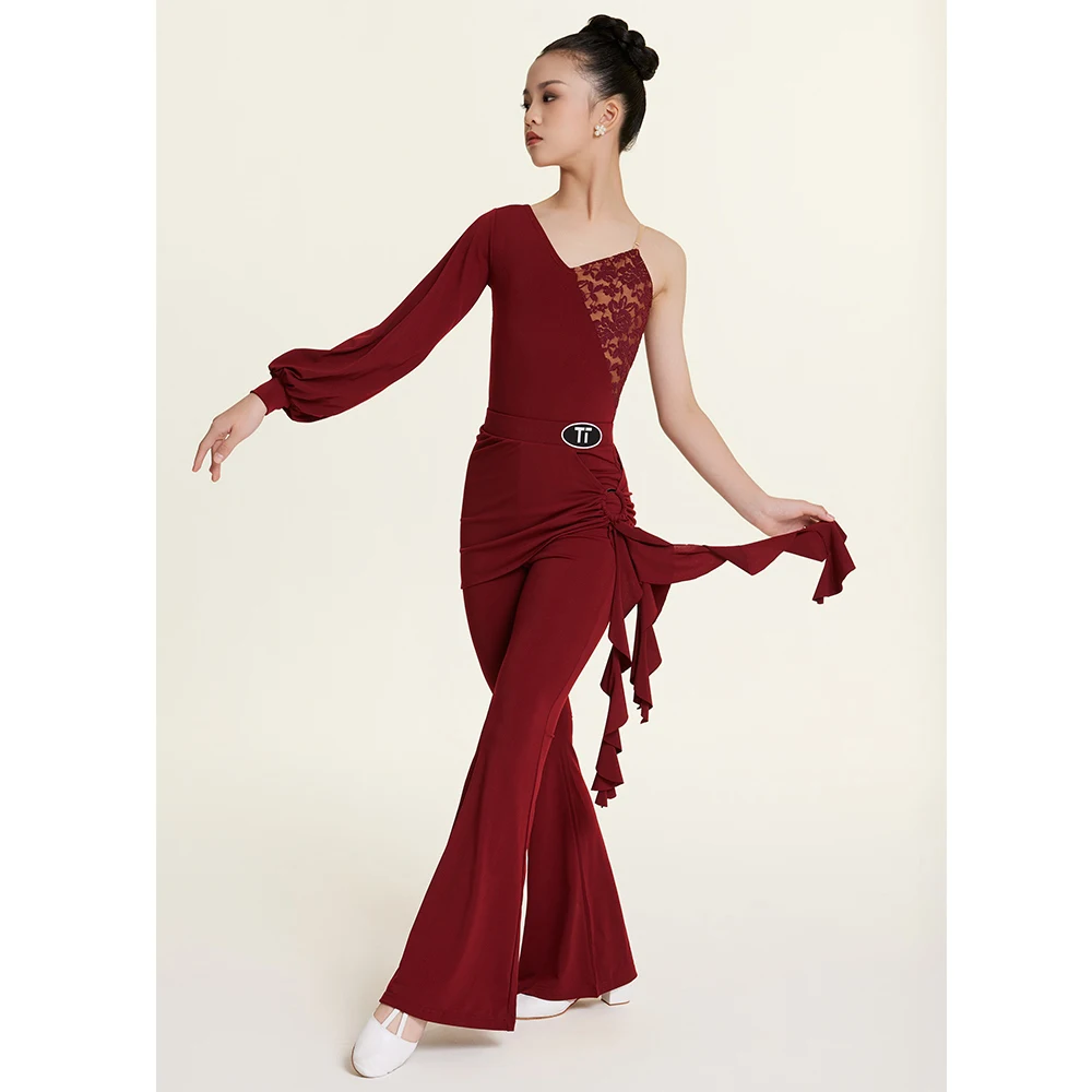 

2025 New Latin Dance Dress For Girls One Sleeve Top Pants Samba Chacha Tango Modern Kids Latin Performance Stage Wear DN30348