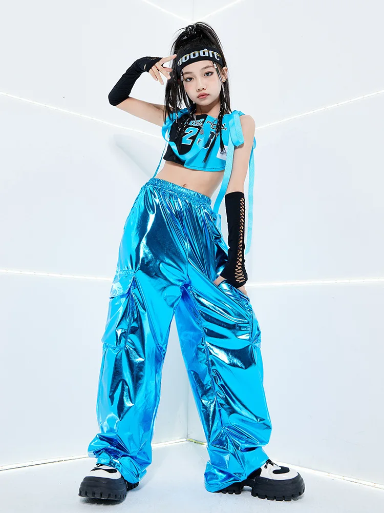 Jungen Hip Hop T-shirt PU Leder Glänzende Cargo Hosen Mädchen Kühlen Crop Top Streetwear Kinder Street Dance Kostüme Kind Jazz Kleidung