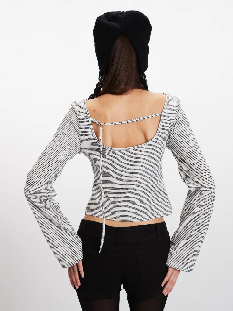 

Мягкие хлопковые зимне-осенние боди в полоску с открытой спиной и длинными рукавами для фитнеса, облегающие элегантные топы для женщин и девочек, футболки с внутренней стороны