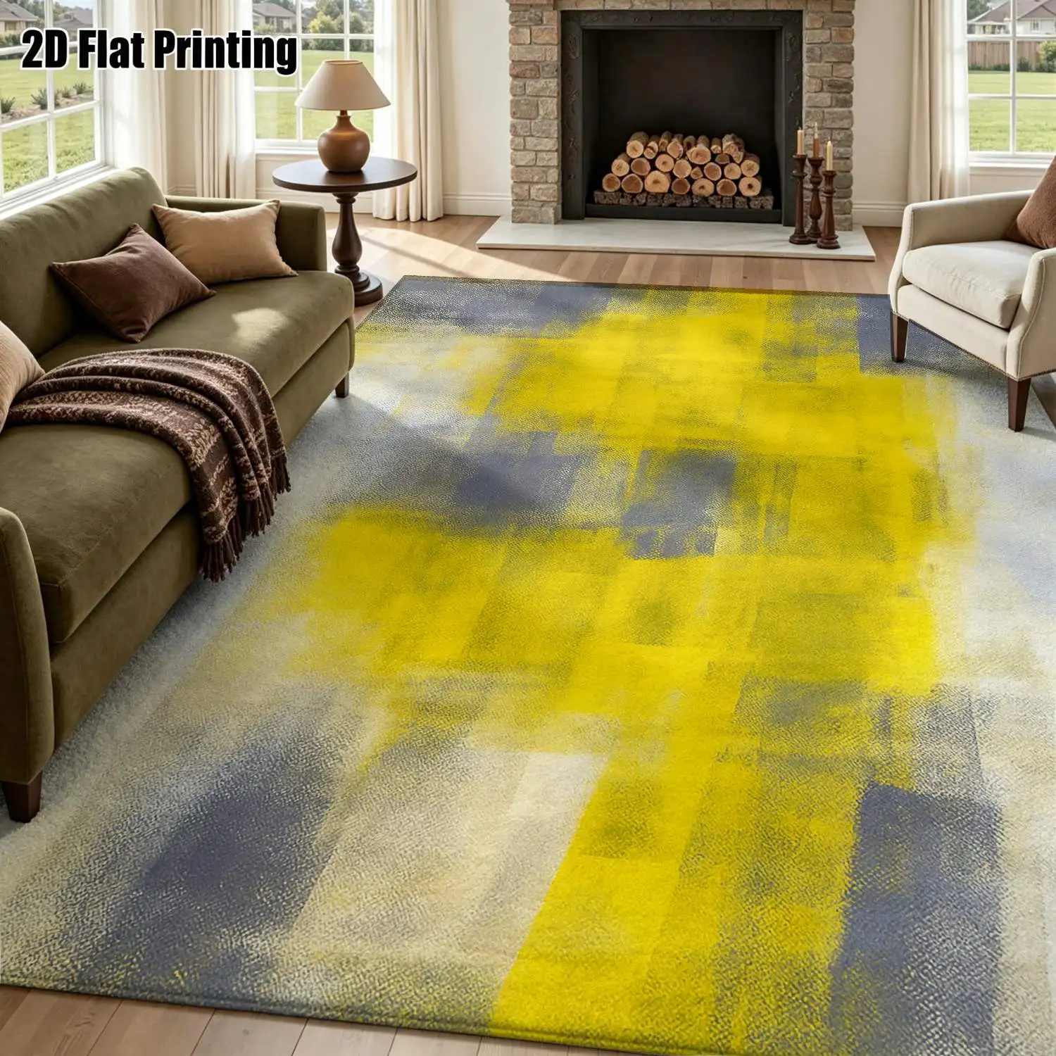 1Pc 2D Printed Carpet: Yellow-Grey Abstract Art Pattern, Nordic/Instagram Style, Machine Washable, Multi-Size, for Home Decoration & Multiple Scenes