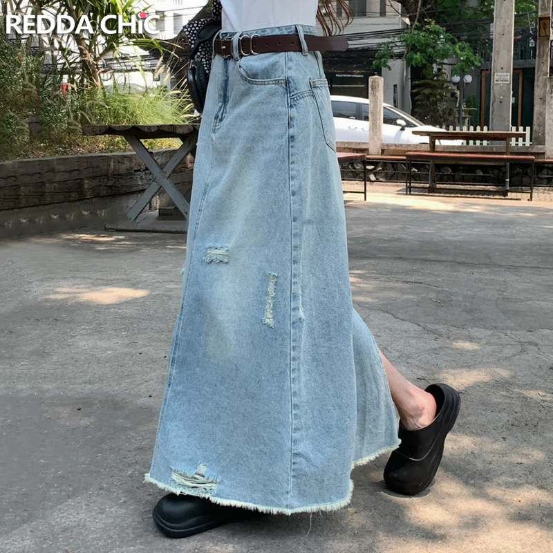 

ReddaChic Vintage Wash Ripped Long Jeans Skirt Women A-line Slit Raw Edge Casual Denim Skirt Tall Girls Friendly Korean Clothes