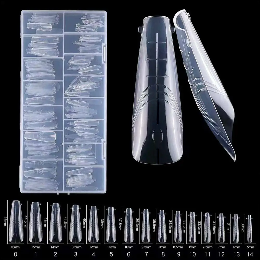 150Pcs 15 Sizes Sandwich Nail Forms Reusable Transparent Full Cover Nail Tips Long Length No-Trace French Tip Forms Home Salon