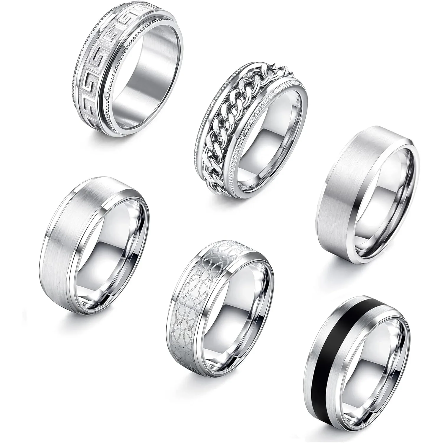 Bobisty 6Pcs Mens Rings 316L Stainless Steel for Men Women Vintage Thumb Engagement Ring Wedding Band Fidget Ring Set Jewel Gift