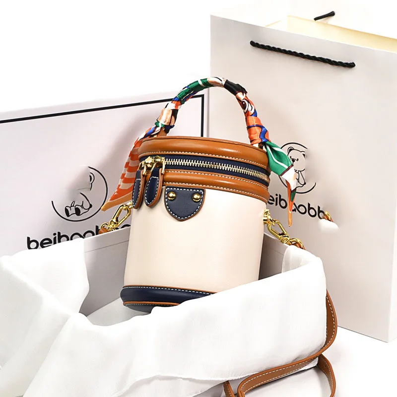 Women Bucket Bag With Elegant Scarves New 2024 Fashion Cross-body Niche Cylinder Bag One-shoulder Portable Cosmetic Bag