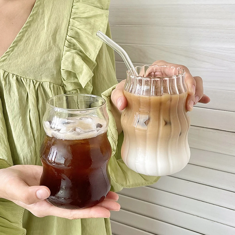 410/650/530ml Irregular Shaped Drinking Glass Wavy Clear Glass Tea Juice Milk Cup Iced Coffee Mug Home Water Glasses Stripe Mug