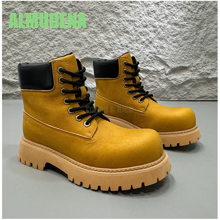 Men's Height Increasing Boots with British Style Fashionable Front Tie Design Thick Soled Motorcycle Workwear Short Boots - Image 3