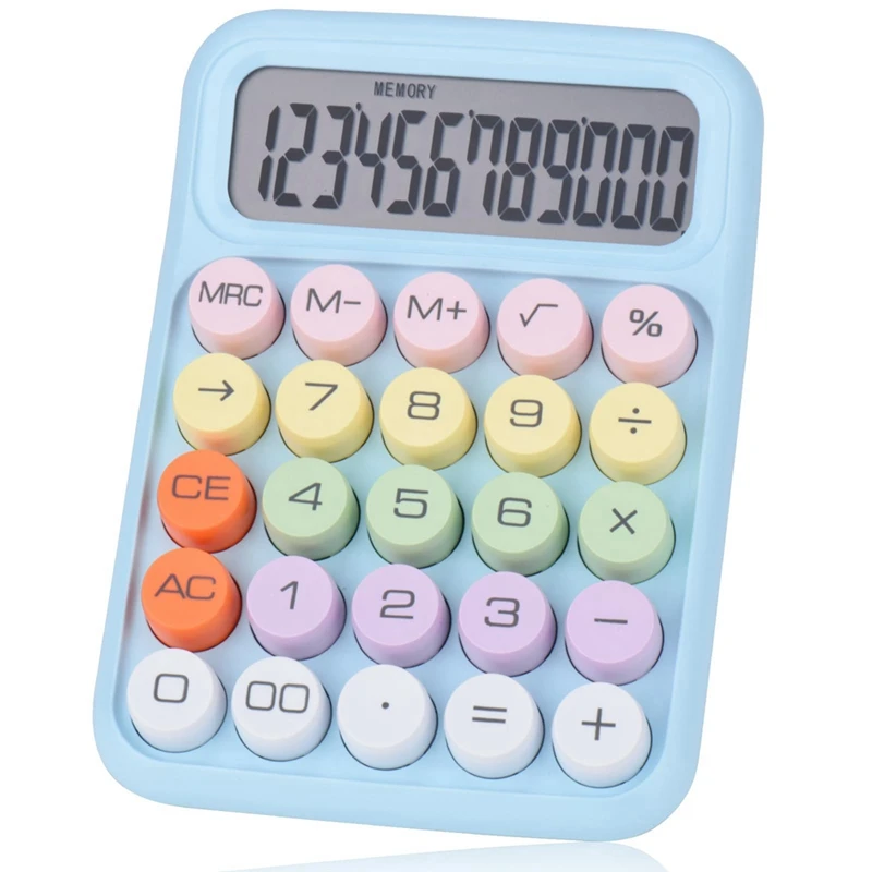 Calculatrice mécanique à bouton-poussoir, 12 chiffres, écran LCD, gros boutons, facile à appuyer, couleur bonbon, bleu, facile à utiliser