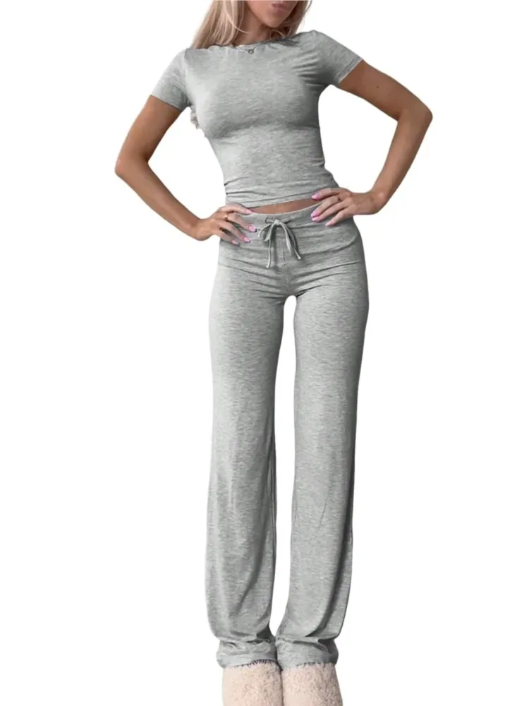 

New Casual Two Piece Outfits Woman Short-sleeved Tops Long Pants Home Sportswear Solid Color Bodycon simple Style All-match Slim