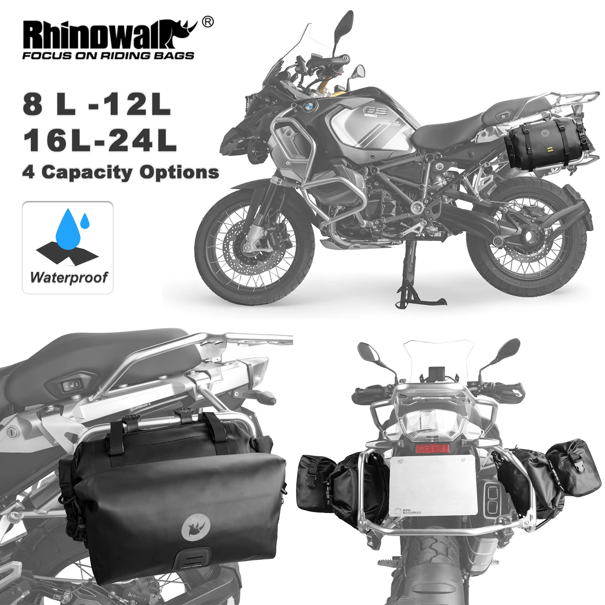 Rhinowalk Motorcycle Tail Bag 100% Waterproof 8L/12L/16L/24L Motor Side Pannier Bag Multifunctional Outdoor Luggage Trunk Saddle