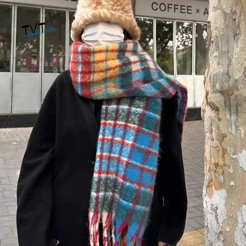 

Windproof Tassel Plaid Wool Scarf Plush Cashmere Shawl Long Shawl Rainbow Color Wool Scarves Cape Wraps Autumn Winter